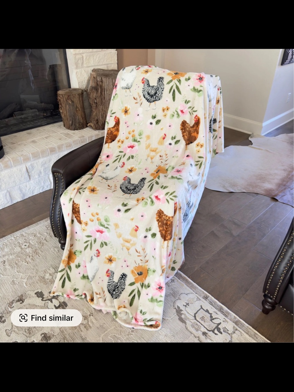 Chicken Print Fleece Throw Blanket - Cream with Multi Floral